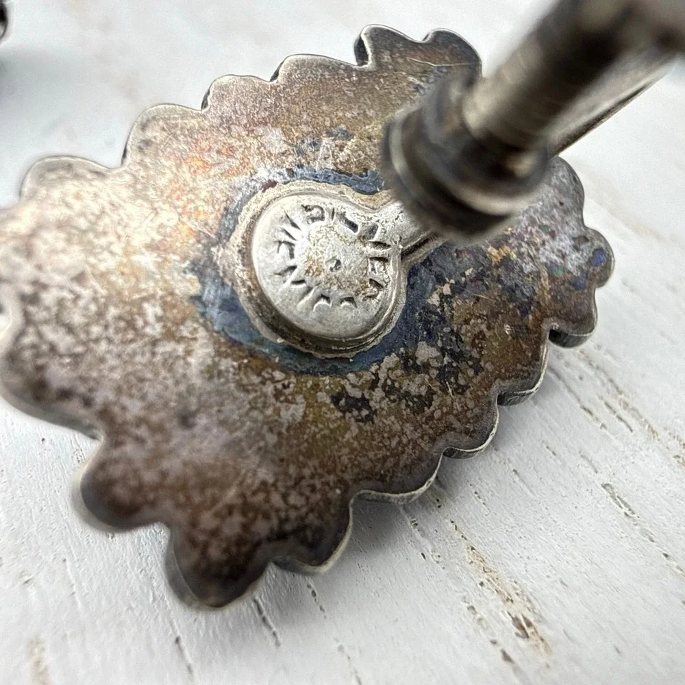 Vintage Mexico Screw Back Earrings Stamped‎ Silver Blue Confetti Art Glass Studs